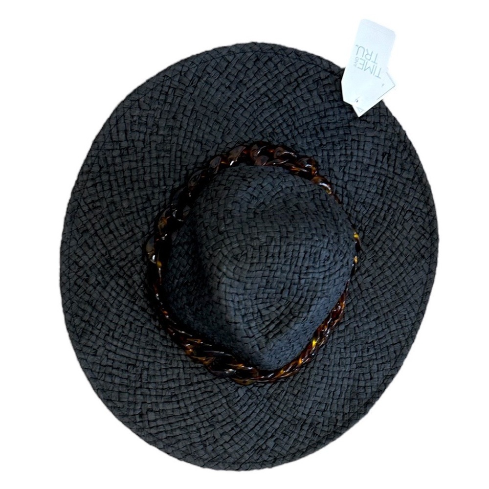 New Time & Tru Women’s Black Woven Straw Fedora Hat with Brown Accent